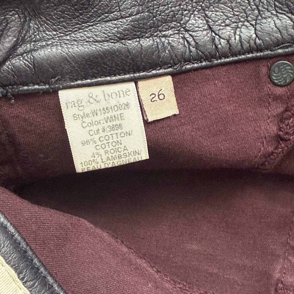 Rag & Bone Elephant Bell Leg Wine Burgundy Wash with Leather Trim Jeans Size 26 - Picture 7 of 7